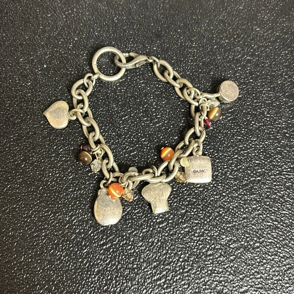 Vintage AJMC Charm Chef Spices Pan Hat Heart Silver Tone Chain Link Bracelet